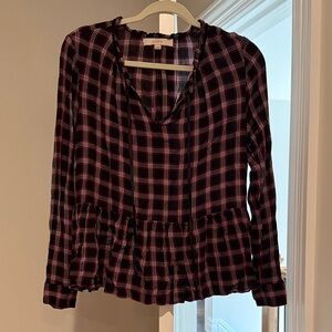 LOFT Women's Black and Pink Checkered Blouse